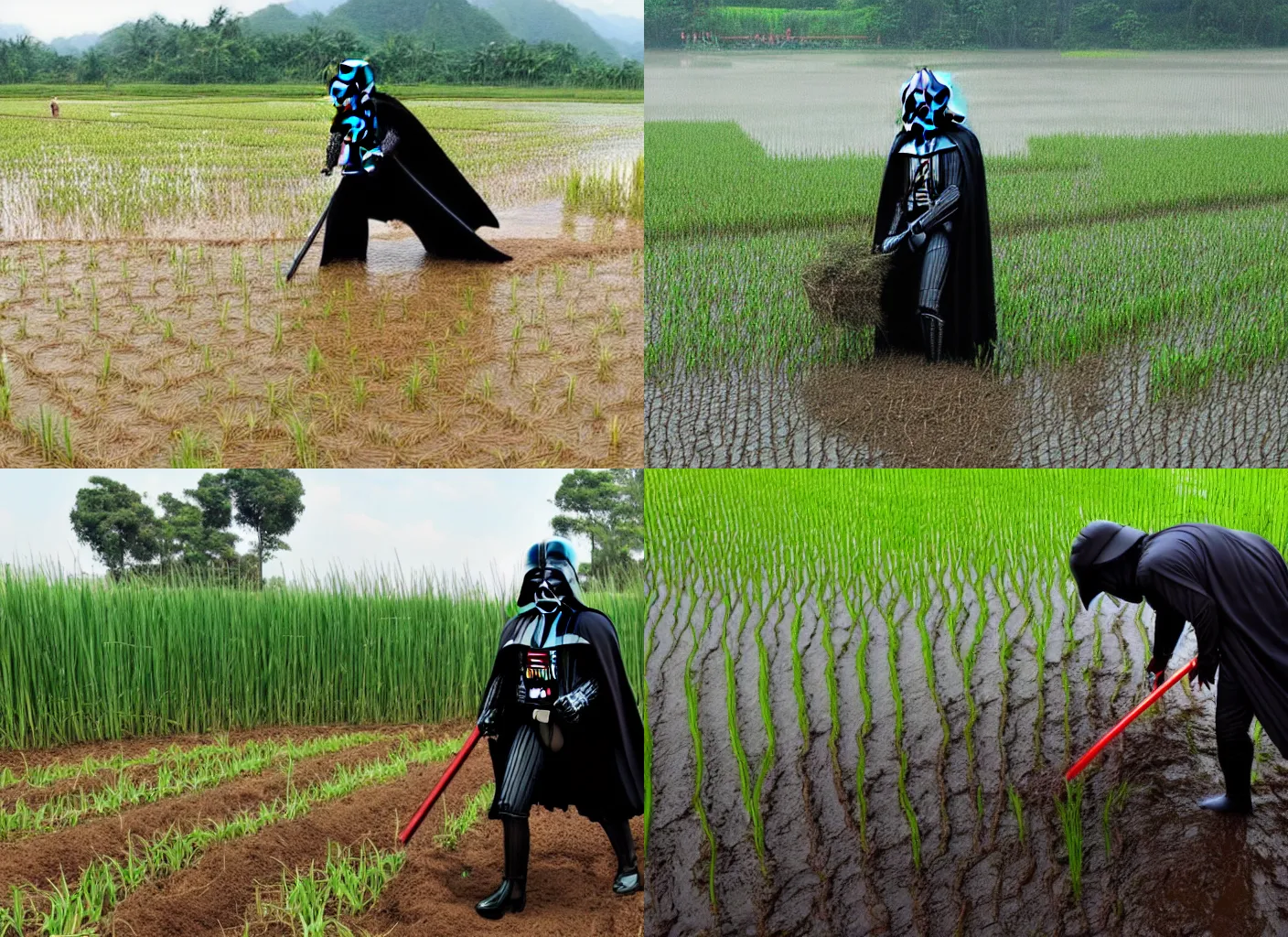 Prompt: photo, Darth-Vader Planting Rice in a paddy field.