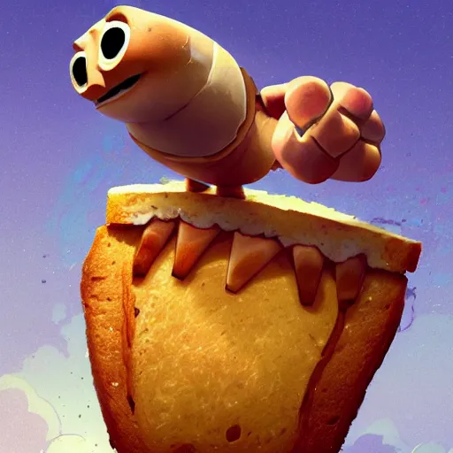 Prompt: a large slice of toasted bread with a face, arms and legs, cute pixar character, volumetric lighting, dynamic composition, fantasy, hyper detailed, ultra realistic, sharp focus, octane render, concept art by sachin teng and sergey kolesov and ruan jia and heng z