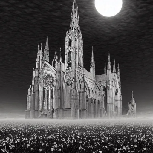 Prompt: A Gothic cathedral in a field of flowers, A huge red moon shines over the earth in the style of gustav doré.highly realistic, hyper detailed,cinematic,4k,digital art,unreal engine 5,epic lighting by greg rutkowski