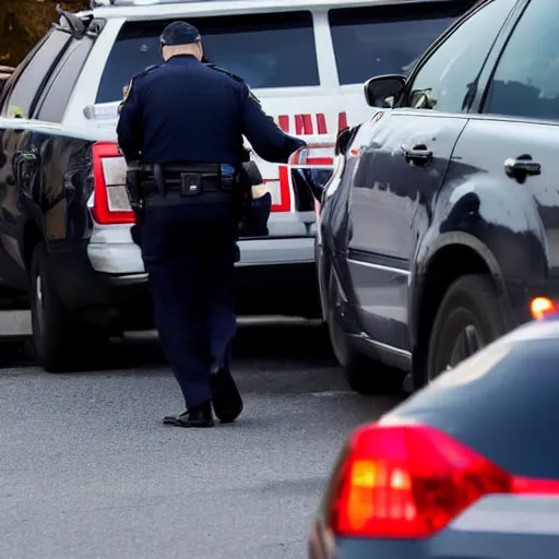 Image similar to candid ap press photo of president trump in handcuffs being arrested by fbi agents, escorting him into a police car, 3 5 mm lens, highly detailed portrait, 4 k uhd, sony camera, f / 2 2