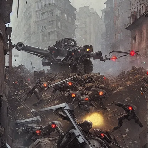 Prompt: spider robots terrorise streets of weimar germany and attack freikorps soldiers and civilians, intense heavy street battle, pile of bodies, art by greg rutkowski and jakub rozalski