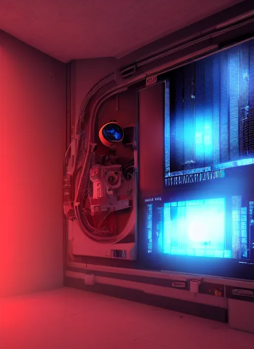 Image similar to photorealism of monitor on the wall of a room of a spacecraft with user interface display, red tones, biomechanical, ads concert rock, high resolution, hyper realistic sci fi realistic, octane render, hyper realistic, ambient lighting, blade runner film style, canon eos ef 5 0 mm.