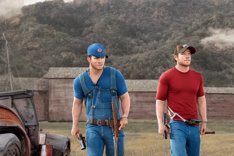 Image similar to a photo of chris pratt wearing a red cap and blue overalls carrying a shotgun, photorealistic, 8 k, castle background