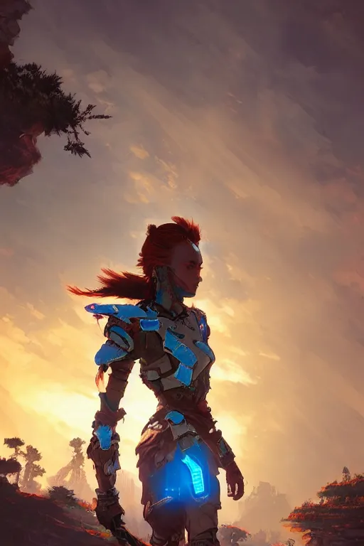 Image similar to combination suit armor aloy horizon forbidden west horizon zero dawn radiating a glowing aura global illumination ray tracing hdr fanart arstation by ian pesty and alena aenami artworks in 4 k tribal robot ninja mask helmet backpack