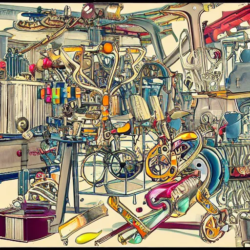 Prompt: a chaotic scene of a crazy machine with lots of details and contraptions. there are many pairs of scissors visible. the illustration is very detailed and intricate, with a lot of small elements that come together to create a cohesive whole. it uses a limited palette of colors, which helps to create a cohesive and unified look.