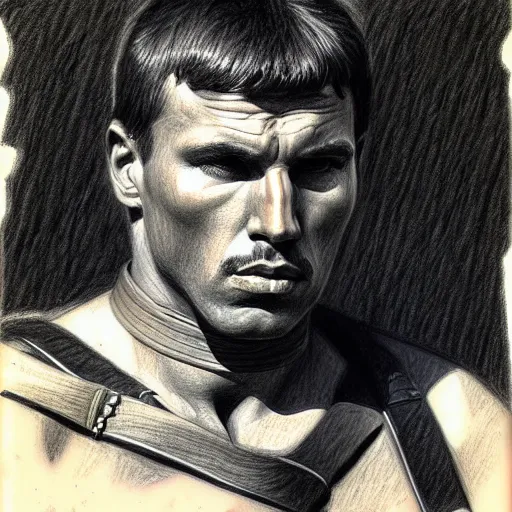 Image similar to portrait of roman legionary, tom finland, bouguereau, pencil drawing