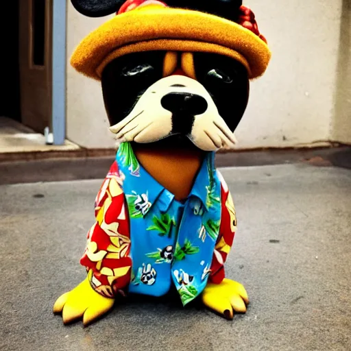 Image similar to a volatile pugalier wearing a hawaiian shirt, living in the city, disney character, cartoonish, claymation, photo by wes anderson