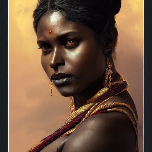 Image similar to portrait painting of a black muscular south indian woman, sari, ultra realistic, concept art, intricate details, eerie, horror, highly detailed, photorealistic, octane render, 8 k, unreal engine. art by artgerm and greg rutkowski and alphonse mucha