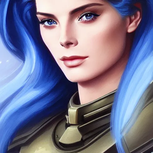 Prompt: Ashley Greene's face combined with Grace Kelly's face with blue hair as a Terran Marine from StarCraft, western, D&D, fantasy, intricate, elegant, highly detailed, digital painting, artstation, concept art, matte, sharp focus, illustration, art by Artgerm and Greg Rutkowski and Alphonse Mucha