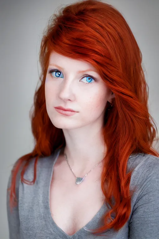 Image similar to a portrait of a redhead beautiful girl, green eyes, highly detailed, 3 5 mm f 1. 4 background silver fir