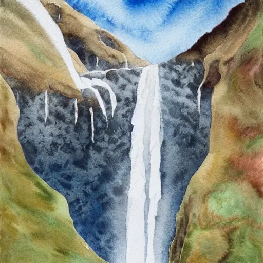 Image similar to a highly detailed watercolor painting of a couple getting engaged by icelandic waterfall Skógafoss