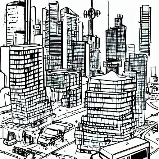 Image similar to decrepit brutalist cityscape vector line art in the style of “ geoff darrow ” black and white 1 6 : 1