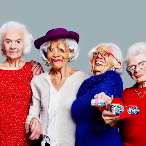 Image similar to old spice girls at age 9 0 years old, color ( sony a 7 r iv, symmetric balance, polarizing filter, photolab, lightroom, 4 k, dolby vision, photography award ), vogue, perfect face