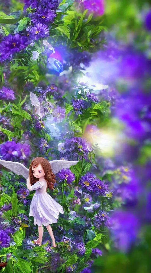 Prompt: tiny angel in a garden, hyper detailed, sharp focus, bokeh, unreal engine, ray tracing, cute, fantasy, sci fi, purple flowers, blue flowers, violet flowers, glowing flowers, tiny, small, hyper realistic, sky, spinning rings with eyes