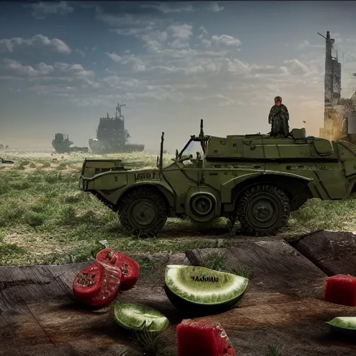 Prompt: Very very very very highly detailed Watermelon as military vehicle with epic weapons, on a battlefield in russian city as background. Photorealistic Concept 3D digital art in style of Caspar David Friedrich, super rendered in Octane Render, epic dimensional light