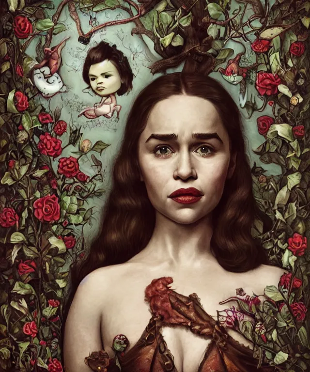 Image similar to portrait of Emilia Clarke in wonderland, lowbrow painting by Mark Ryden