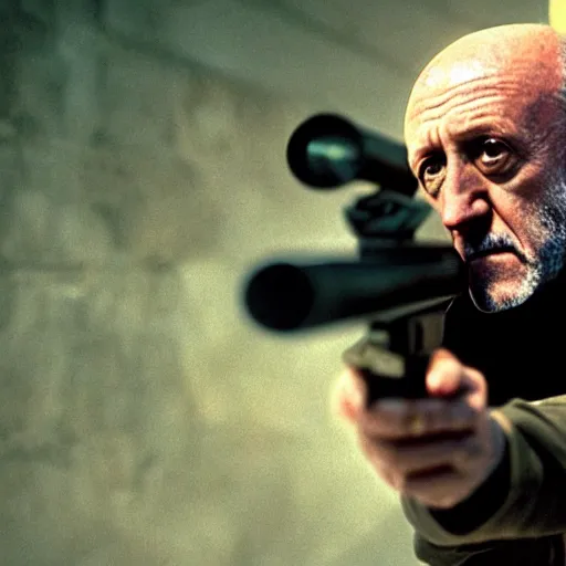 Image similar to Film still of Mike Ehrmantraut aiming with a !!!sniper rifle!!!, 4k, !!highly detailed!!