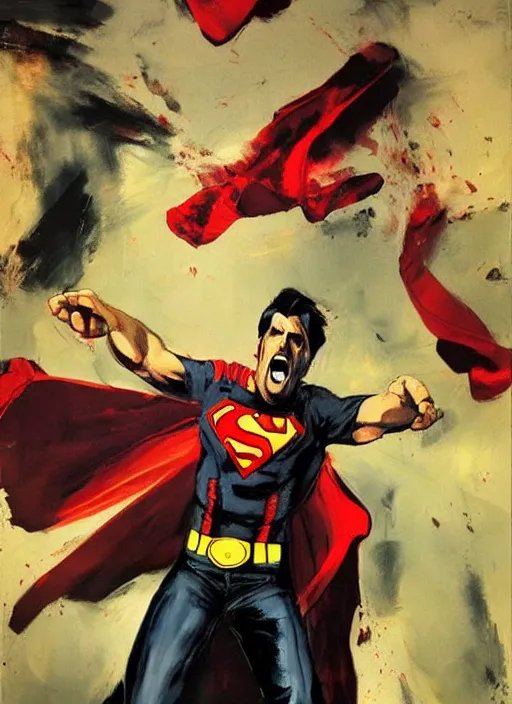 Image similar to angry joe screaming, superman shirt, leather jacket, painting by phil hale, fransico goya,'action lines '!!!, graphic style, visible brushstrokes, motion blur, blurry