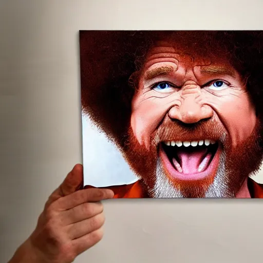 Image similar to angry bob ross shouting at a painting, real photo, dslr photo, 4 k, intricate.