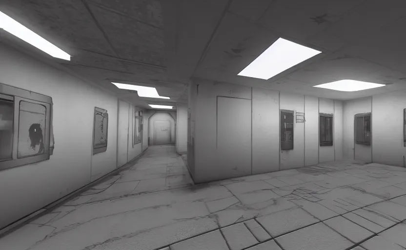 Image similar to screenshot of a first person shooter game on unreal engine 5, narrow modern hallways of a government office facility with white dry wall, photorealistic, retrofuturism, concept art, trending on artstation