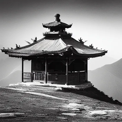 Image similar to little pavilion in the mountain, black and white, by lang jingshan,