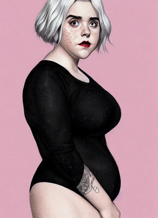 Image similar to full body portrait, kiernan shipka as sabrina spellman, white hair, obese, bangs, sultry, realistic, sultry smirk, fluffy bangs, freckles, fat, belly, intricate, elegant, highly detailed, digital painting, artstation, concept art, smooth, sharp focus, illustration, art by wlop, mars ravelo and greg rutkowski