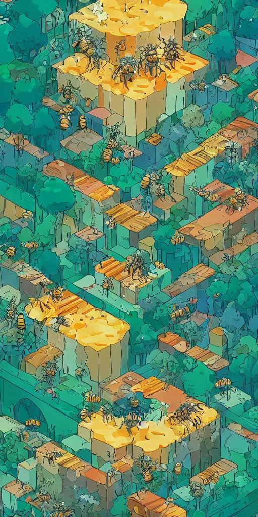 Prompt: https://s.mj.run/j9Niun5QNgY Studio Ghibli art style, a colony of isometric bees and honeycombs dripping with honey living in a massive hidden thriving underground ecosystem with many types of structures flora and fauna, style of James jean, warm color palette, atmospheric perspective, lush, humid, mysterious, secret, magical, futuristic