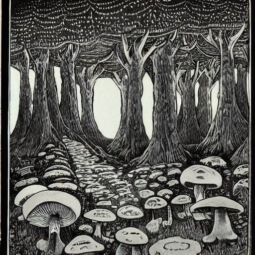 Image similar to 1 9 th century wood - engraving, whole page illustration, art in the style of alex colville, a tiny village carved into the side of a tree, inhabited by elves and faeries, the outside lights are bioluminescent mushrooms and fungi intricately detailed