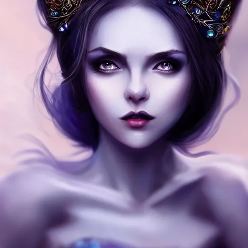 Image similar to detailed portrait of a dark fairy queen, crown, wings, teeth, realism, pale blue, emerald, sapphire,dark purple crown,leaves, moonlit, dark fantasy, dramatic lighting, cgsociety, artstation