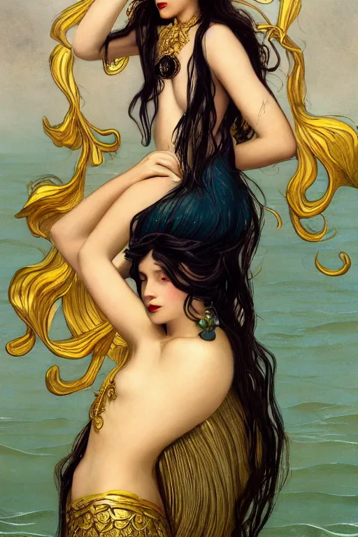 Image similar to a beautiful dark androgynous mermaid, pinup pose, long hair, tall and thin, wearing dozens of pendants and a gown of gold, small delicate crown of the sea on her head, illustration, dramatic lighting, soft details, painting oil on canvas, art nouveau, octane render, HDR, 4k, 8k, HD, by Edmund Blair Leighton, Brom, Charlie Bowater, j.c. Leyendecker, faces by otto schmidt