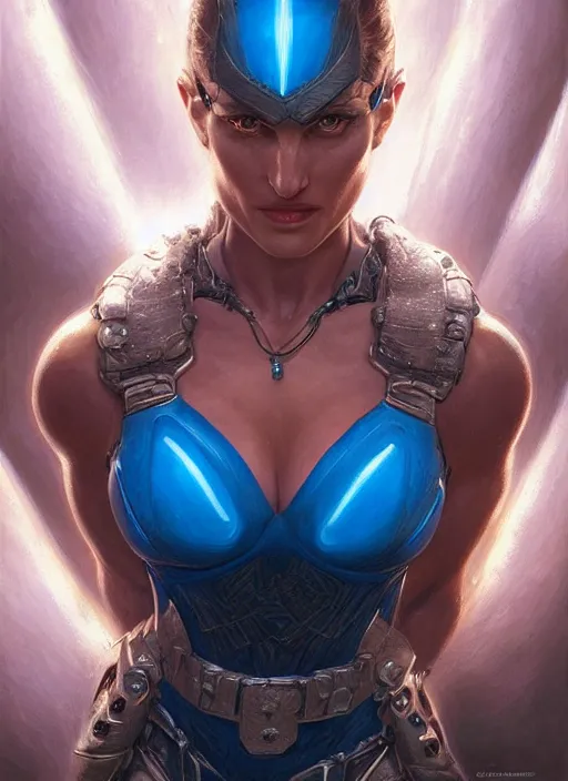 Image similar to muscled Natalie Portman with bright blue glowing eyes as a ruggedly handsome hero, intricate, elegant, highly detailed, centered, digital painting, artstation, concept art, smooth, sharp focus, illustration, art by artgerm and donato giancola and Joseph Christian Leyendecker, Ross Tran, WLOP