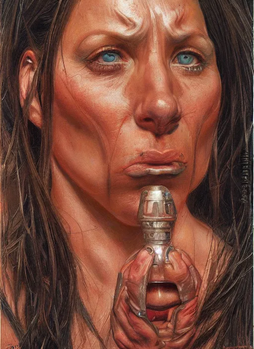 Image similar to frontal portrait of a emotional muscular female survivor in a city, by donato giancola