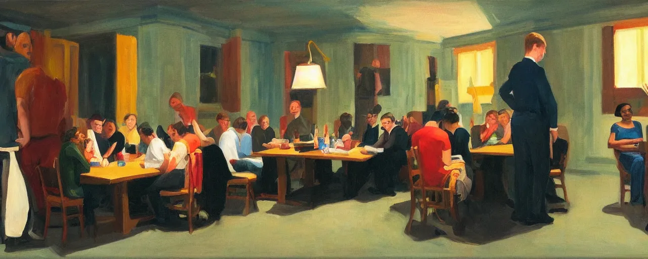 Image similar to a group of gen z friends sitting around talking about climate change while drinking old fashions, one of the friends is standing in preaching, in the style of an edward hopper painting