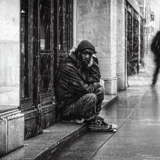 Prompt: portrait of a homeless man in New York city, matte paint, sharpen, raining