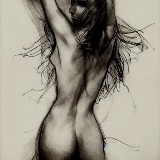 Image similar to black and white line drawing of a callipygian, radiant skin, sketch art, reference art, fit body, arched back, grayscale, Louis Royo