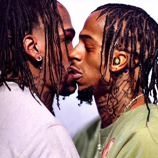 Image similar to studio photo of jesus kissing travis scott, studio portrait