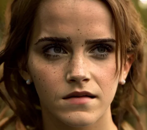 Image similar to color still shot of emma watson in film the hunger games, face closeup,