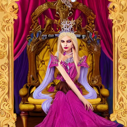 Image similar to a beautiful detailed portrait of a blonde stunningly beautiful fantasy queen in her throne room by lisa frank trending on artstation