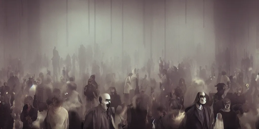 Prompt: a crowd of anonymous with blurred face in a reception room, cyberpunk dystopian, hyper detailed, hyper realistic, digital painting, 8k, 35mm film grain, octane render