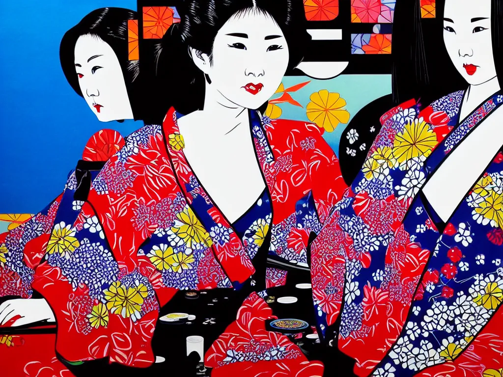 Image similar to hyperrealistic composition of the detailed woman in a japanese kimono sitting at a extremely detailed poker table with detailed darth vader, fireworks, mount fuji on the background, pop - art style, jacky tsai style, andy warhol style, acrylic on canvas