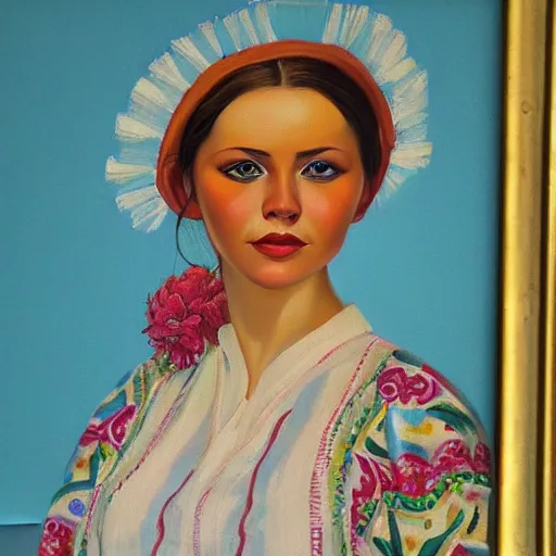 Image similar to hyperrealism oil painting of beautiful ukrainian woman in vyshyvanka