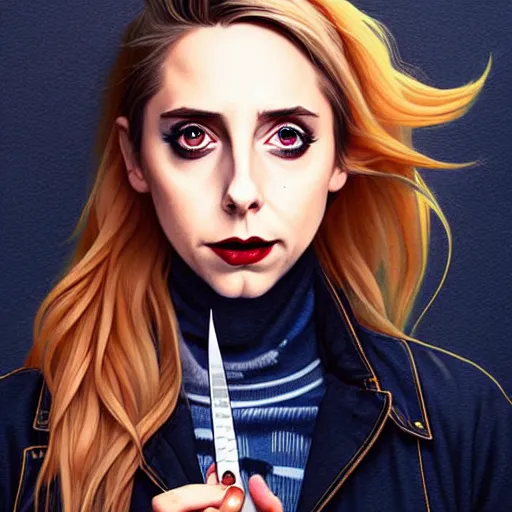 Prompt: loish, artgerm, Joshua Middleton art, pretty Alison Brie serial killer holding bloody knife in right hand realistic hand, blood on clothes and face, sarcastic smile, symmetrical eyes, symmetrical face, jean jacket, jeans, short blonde hair, middle shot, night time, deep blacks