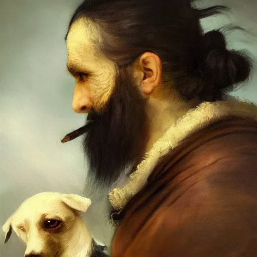 Prompt: a beautiful painting dramatic portrait of a man with long hair tied in a bun and black beard holding a jack russell by rembrandt, featured on artstation