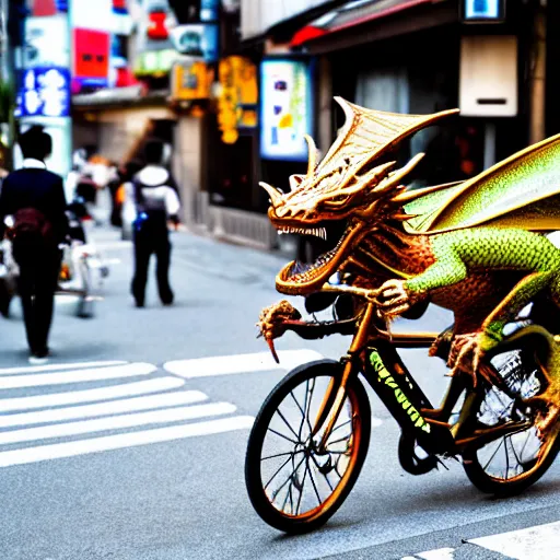 Image similar to a dragon riding a bike in the streets of tokyo