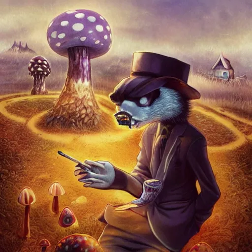 Image similar to a centered chest up portrait of a psychedelic demonic anthropomorphic badger smoking a hand - rolled cigarette smoking heavily, magic mushroom village in background. award winning. superb resolution. in the art style of junji ito and greg rutkowski. detailed mushroom city in background. hyper realistic anime. perfect art. dalle 2