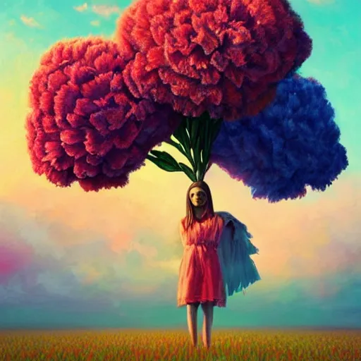 Image similar to head made of carnations, girl standing in a vast flower field, holding flowers, surreal photography, sunrise dramatic light, impressionist painting, colorful clouds, large sky, digital painting, artstation, simon stalenhag, flower face