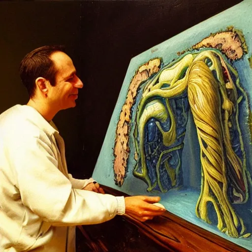 Prompt: masterpiece painting of a 3d artist happy, crouched and enthusiastic looking at the a computer screen with 3d anatomical model of a lung, oil on canvas, renaissance