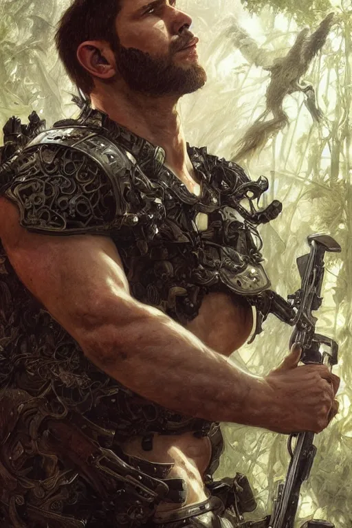 Prompt: portrait of chris redfield as a pathetically weak man, forest, full body, fantasy, intricate, elegant, highly detailed, digital painting, artstation, concept art, sharp focus, illustration, art by artgerm and greg rutkowski and alphonse mucha