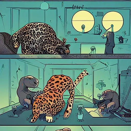 Image similar to the story of the leopard and the tortoise in the style of josan gonzalez