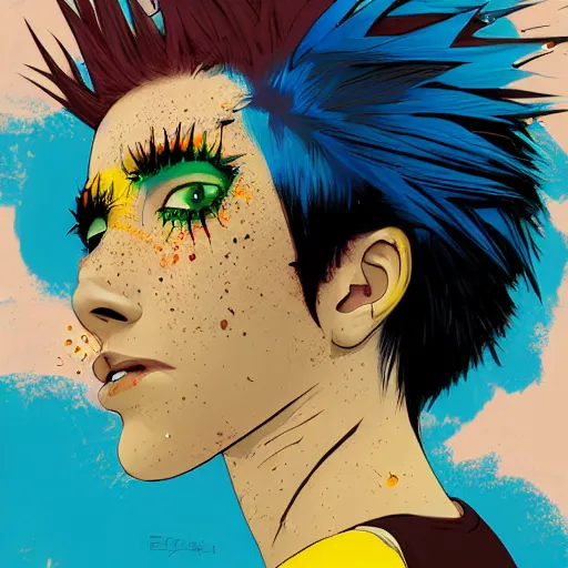Image similar to Highly detailed portrait of a punk zombie latino young lady with freckles and spikey punk hair by Atey Ghailan, by Loish, by Bryan Lee O'Malley, by Cliff Chiang, was inspired by iZombie, inspired by graphic novel cover art !!!electric blue, brown, black, yellow and white color scheme ((grafitti tag brick wall background))